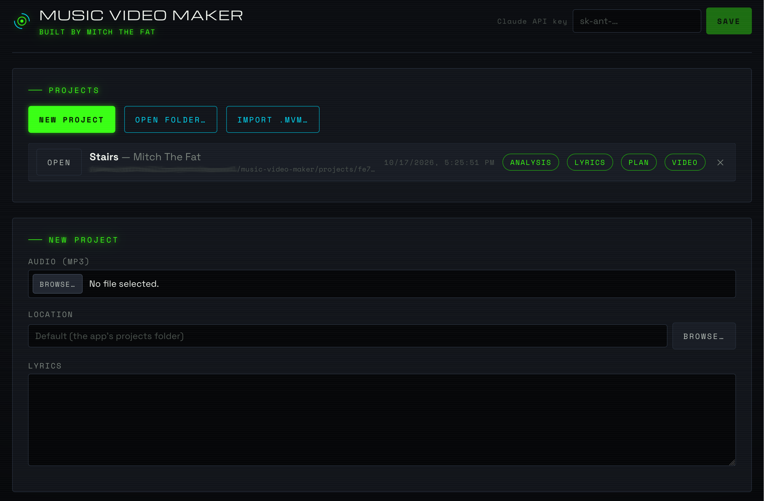 The Music Video Maker editor, showing a song's lyrics, style plan and live preview